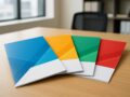Colorful printed folders arranged on a wooden desk.