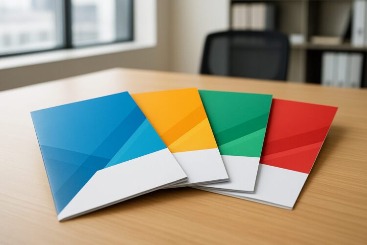 Colorful printed folders arranged on a wooden desk.