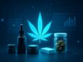 Various cannabis products including a tincture bottle, salve, and jar of buds displayed with a digital background.