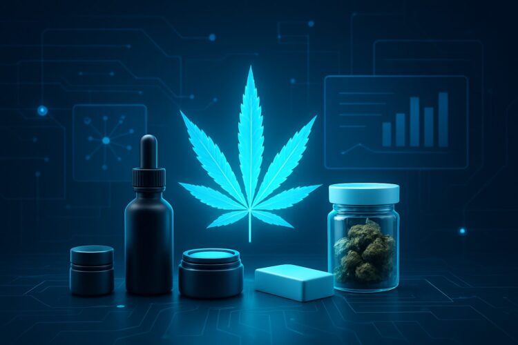 Various cannabis products including a tincture bottle, salve, and jar of buds displayed with a digital background.